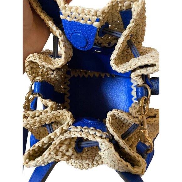 Anya Hindmarch Raffia Drawstring Tote Sz Small in Electric Blue Leather Tassels - Picture 13 of 16